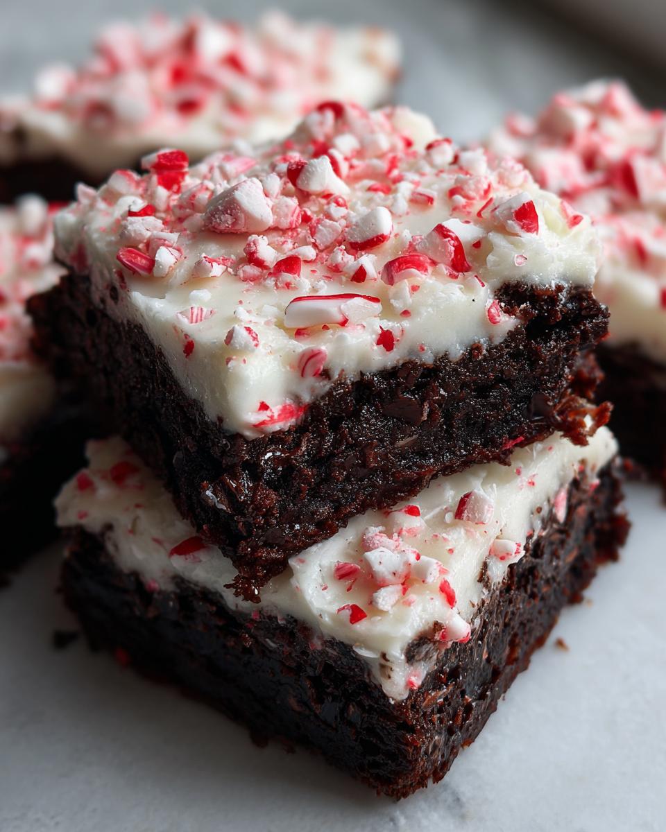 Two stacked, fudgy peppermint brownies topped with thick white frosting and crushed candy canes.