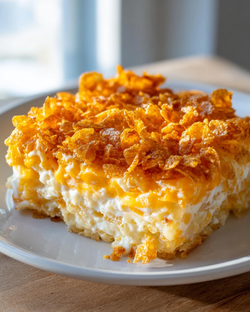 A close-up of a square serving of funeral potatoes recipe, showing creamy layers and a crunchy cornflake topping.