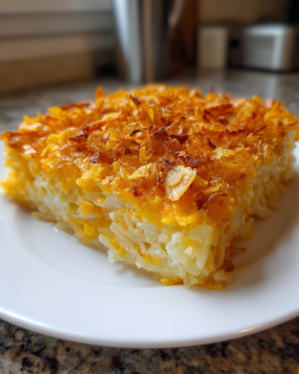A square serving of creamy funeral potatoes recipe topped with crispy, golden-brown cornflakes.