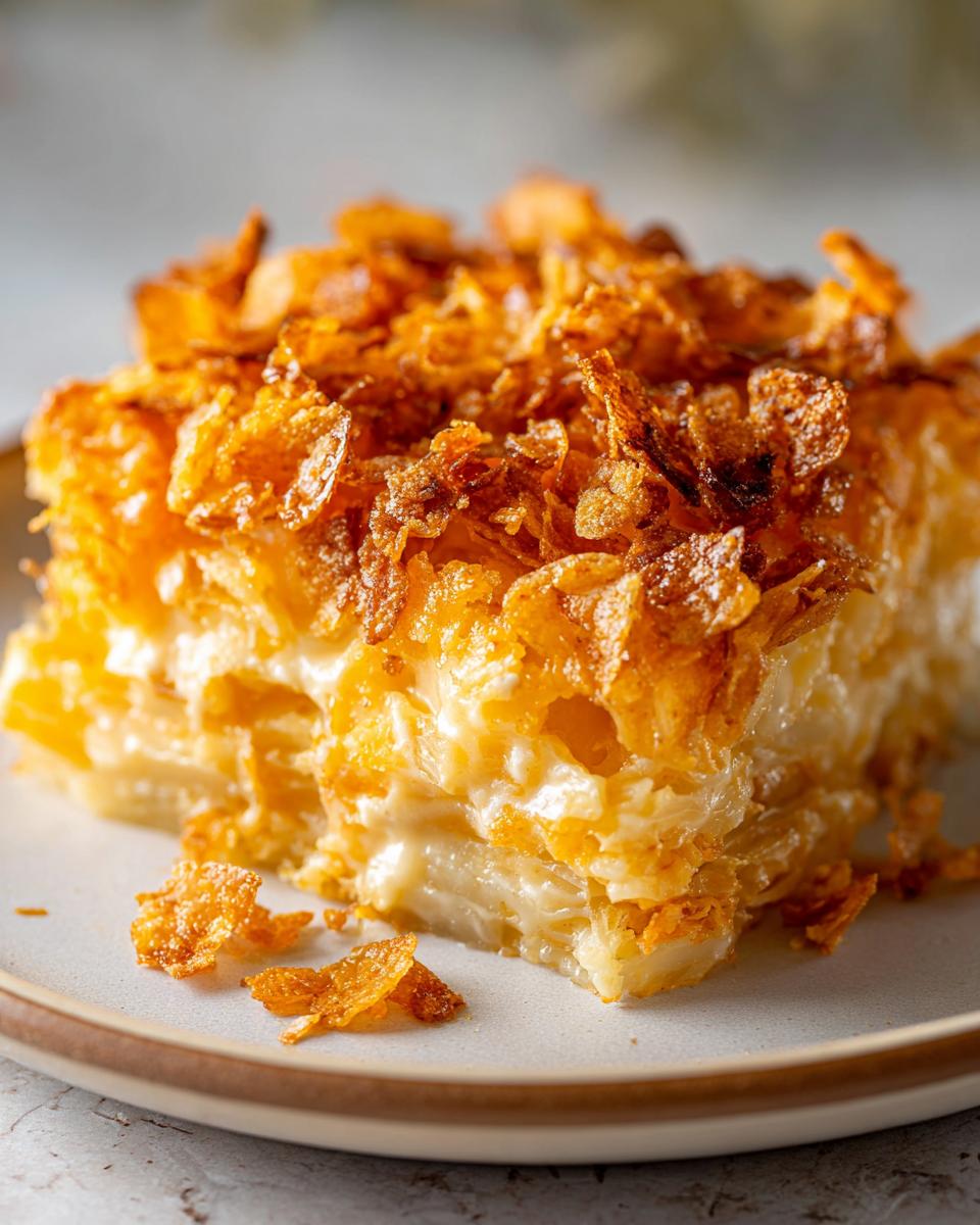 Close-up of a serving of funeral potatoes recipe, showing creamy interior and crispy cornflake topping.