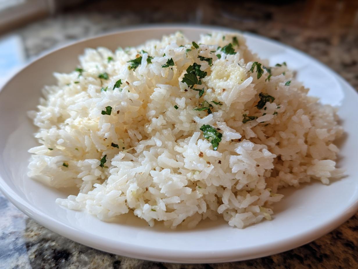 Close-up of a bowl of fluffy white garlic butter rice topped with chopped fresh parsley.