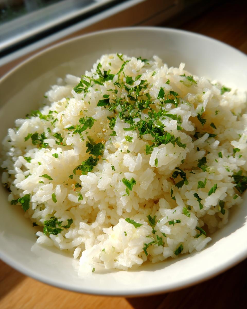A close-up of fluffy white rice seasoned with butter and topped generously with chopped fresh parsley, representing garlic butter rice.