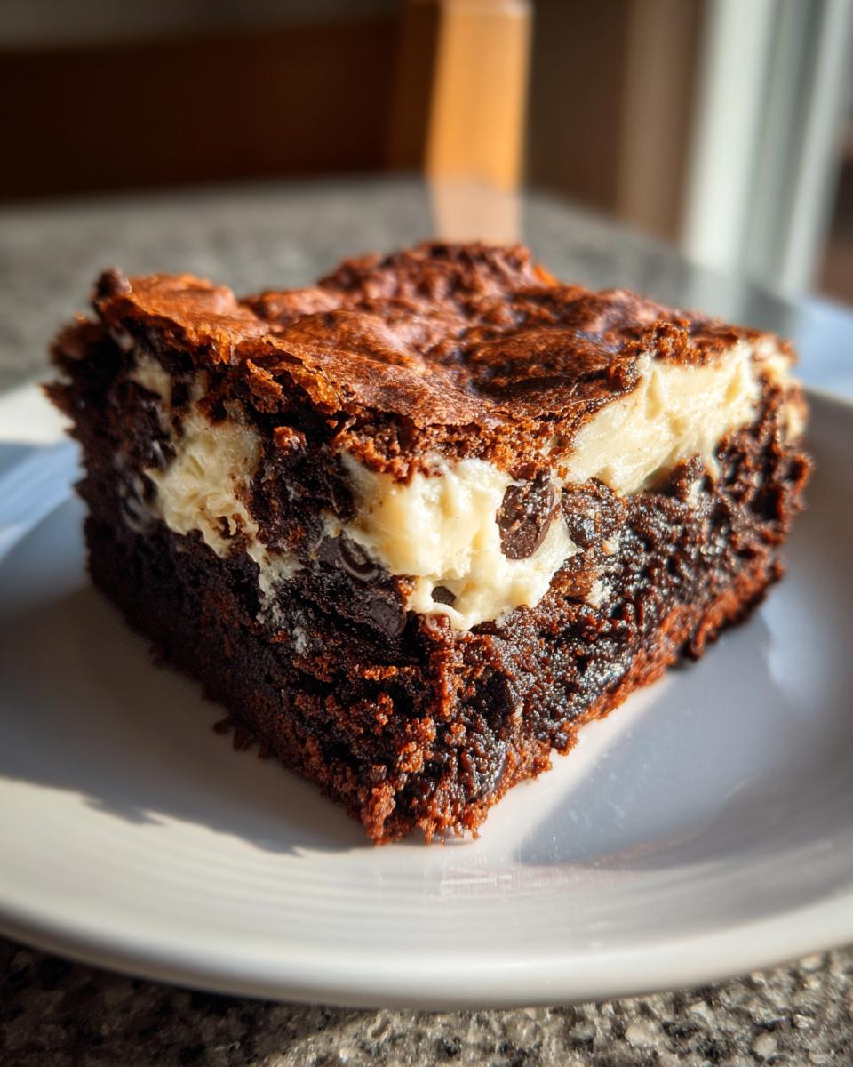 A close-up of a rich, dark gingerbread brownies square with a visible cream cheese swirl layer.