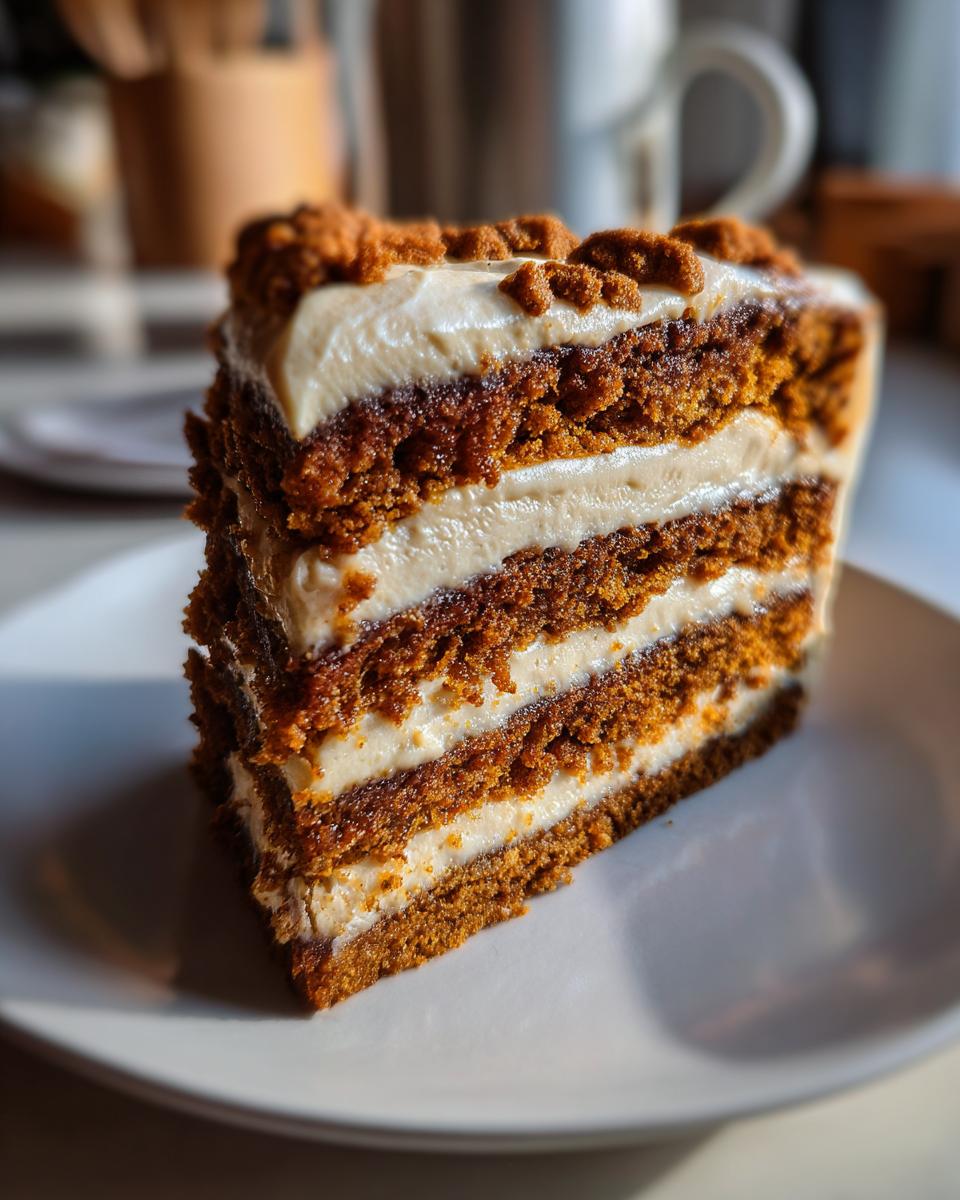 A tall slice of gingerbread latte cake with three layers of dark cake and cream cheese frosting, topped with crumbs.