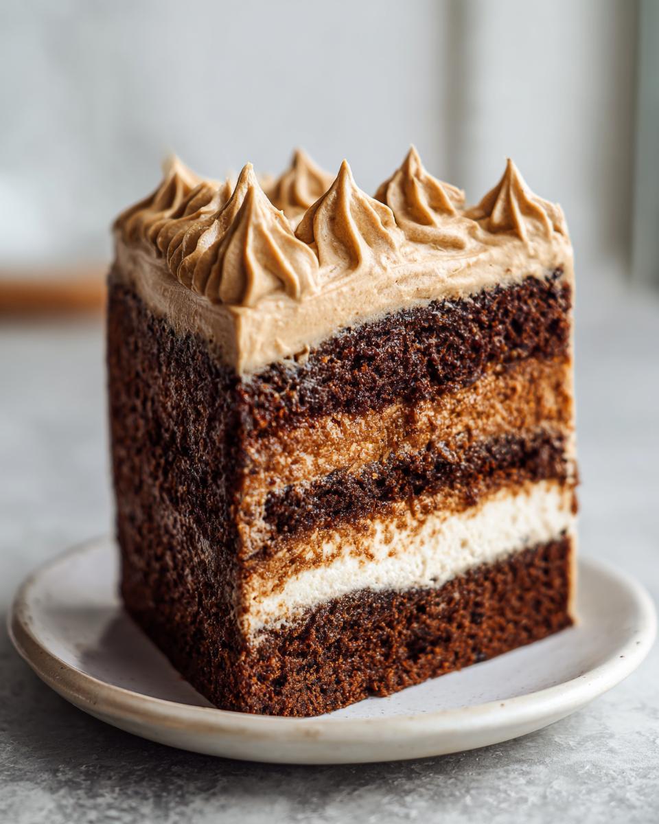 A tall slice of gingerbread latte cake showing layers of dark cake, cream filling, and coffee-colored frosting.