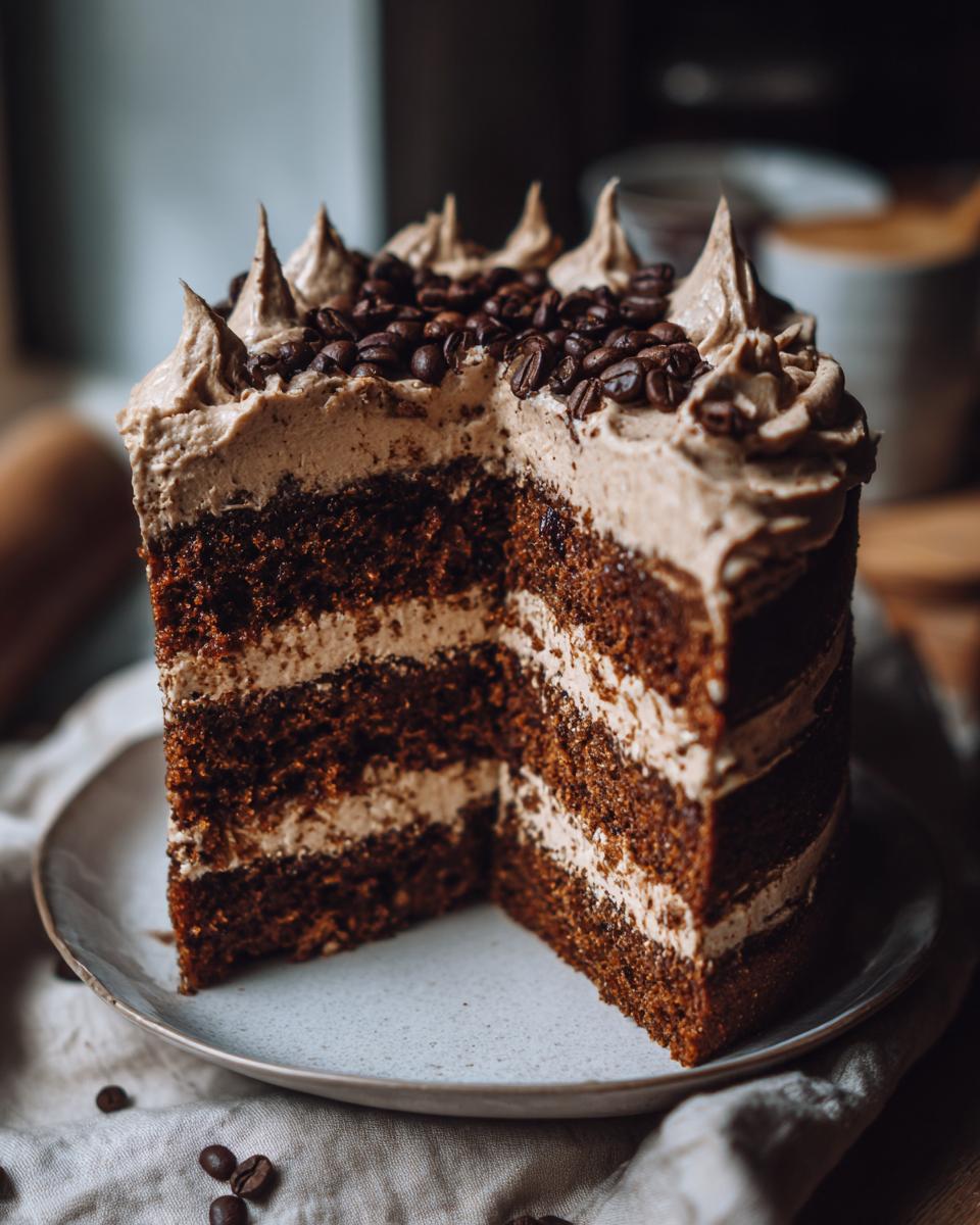 A tall slice removed from a gingerbread latte cake showing dark layers and light frosting, topped with coffee beans.