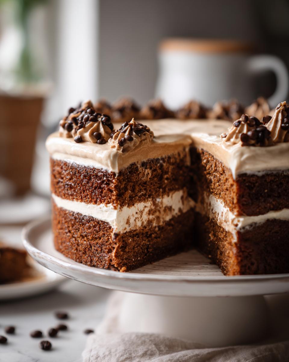 A rich, two-layer gingerbread latte cake with white frosting filling and coffee-colored topping, displayed on a stand.