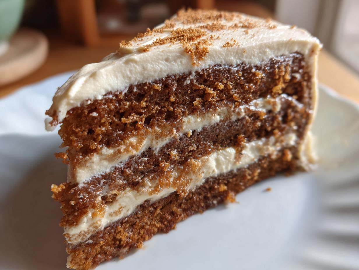 Close-up of a moist slice of gingerbread latte cake with three layers and cream cheese frosting.