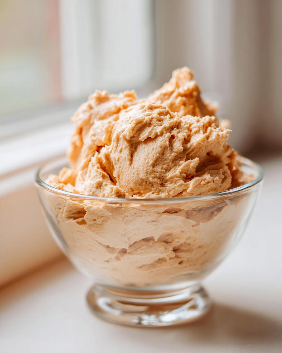 A close-up of light orange, fluffy pumpkin fluff dessert served in a clear glass footed bowl.