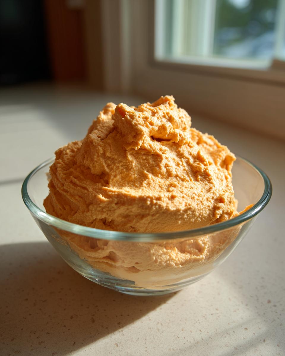 A close-up of light orange, fluffy pumpkin fluff dessert served in a clear glass bowl.