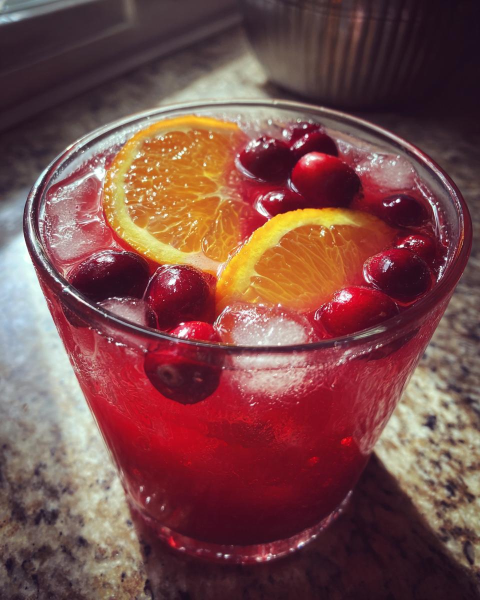 Close-up of a glass filled with bright red thanksgiving punch, ice, cranberries, and orange slices.