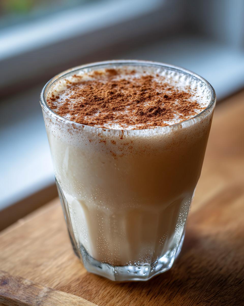 A close-up of a chilled glass filled with creamy coquito, dusted generously with ground cinnamon on top.