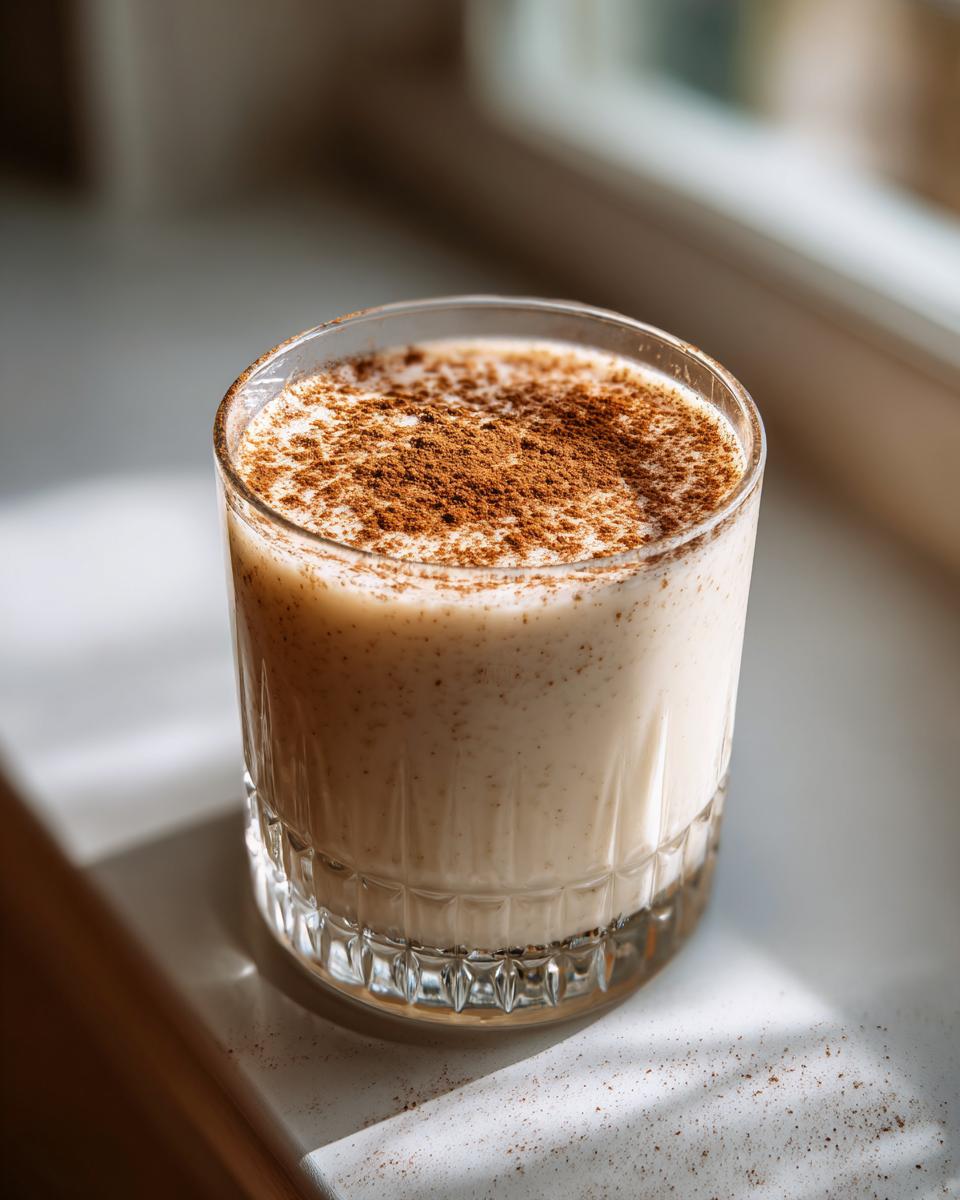 A glass of creamy, light-colored coquito topped generously with ground cinnamon, sitting in sunlight.