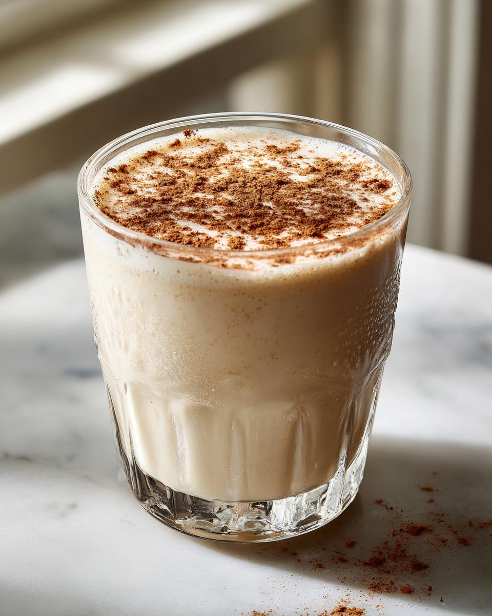 A glass of creamy, chilled coquito topped generously with ground cinnamon, sitting on a marble surface.