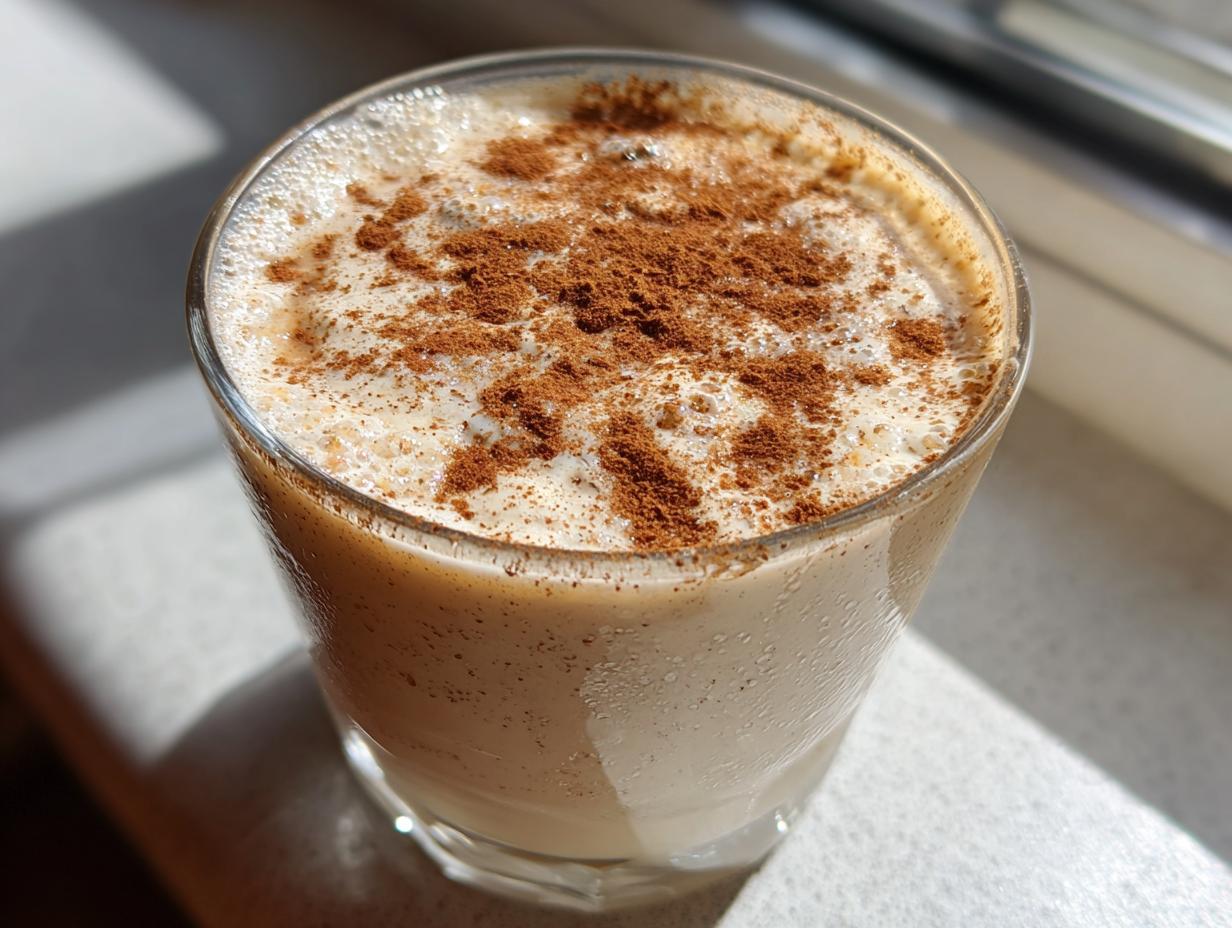 Close-up of a chilled glass of creamy coquito topped generously with ground cinnamon.