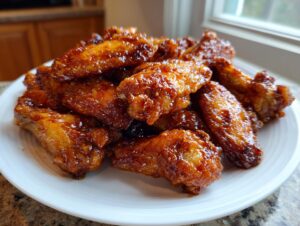 A mound of glistening, sticky, glazed chicken wing pieces piled high on a white plate.
