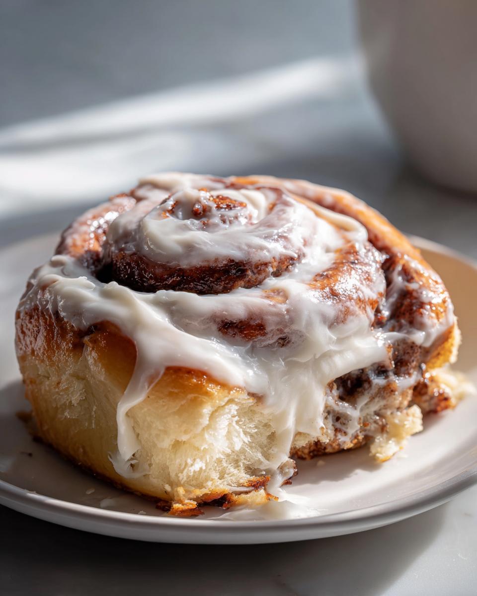 A close-up of a single, soft, freshly baked cinnamon bun covered in thick white icing.