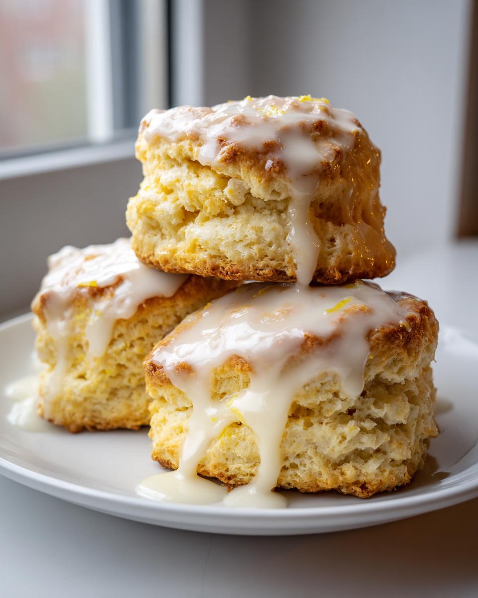 Three fluffy lemon scones stacked on a white plate, generously topped with dripping white lemon glaze and zest.