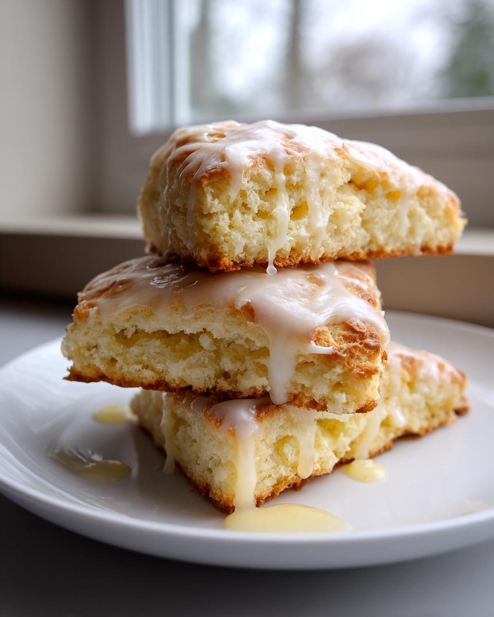 A stack of three freshly baked lemon scones topped with a thick, dripping lemon glaze on a white plate.