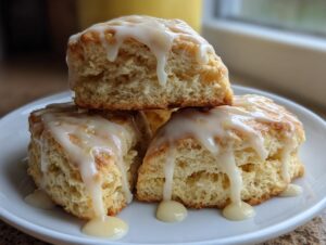 Close-up of three fluffy lemon scones stacked on a white plate, generously drizzled with white lemon glaze.