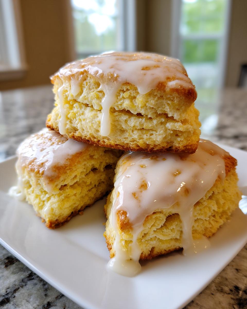 Three fluffy lemon scones stacked on a white plate, generously drizzled with a thick white glaze.