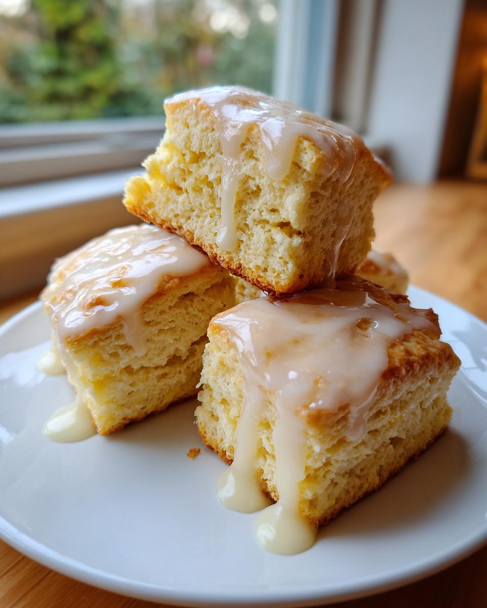 Three square lemon scones stacked on a white plate, generously topped with dripping lemon glaze.