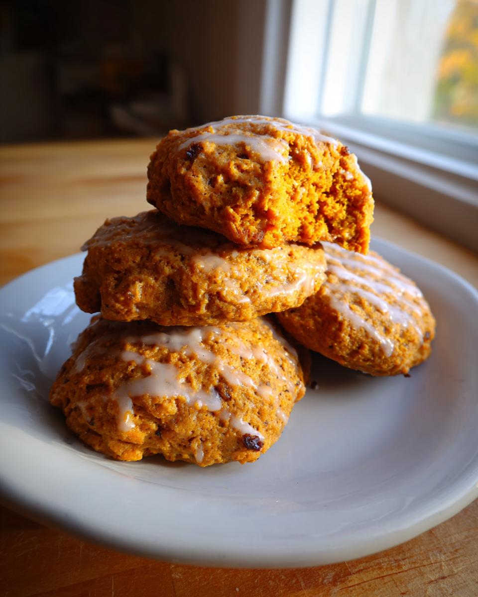 A stack of four soft, orange persimmon cookies drizzled with white glaze, sitting on a light plate near a window.