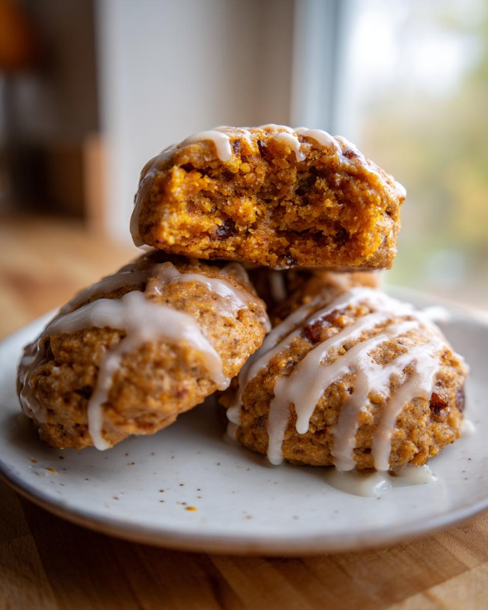 A stack of three soft, glazed persimmon cookies, with the top cookie broken open to show the moist interior.