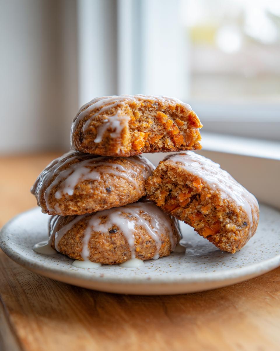A stack of three glazed persimmon cookies, one broken open to show the soft, orange interior.