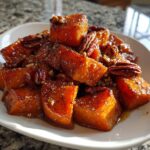 Close-up of glazed, cubed sweet potatoes topped with whole pecans, ready to serve as a side dish.