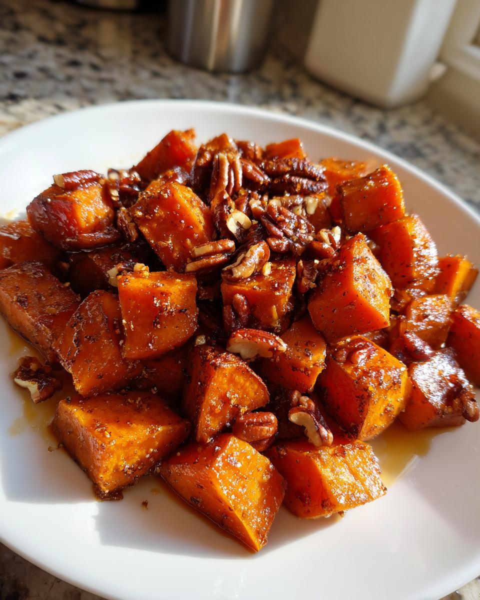 Close-up of glazed, cubed sweet potatoes topped with toasted pecans served on a white plate.