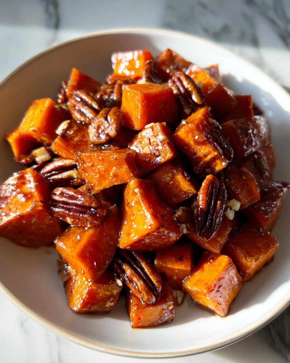 Close-up of glazed, cubed sweet potatoes mixed with whole pecans, served in a light-colored bowl.