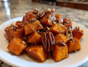 Close-up of glazed sweet potatoes cubes topped with chopped pecans, ready to serve as a side dish.