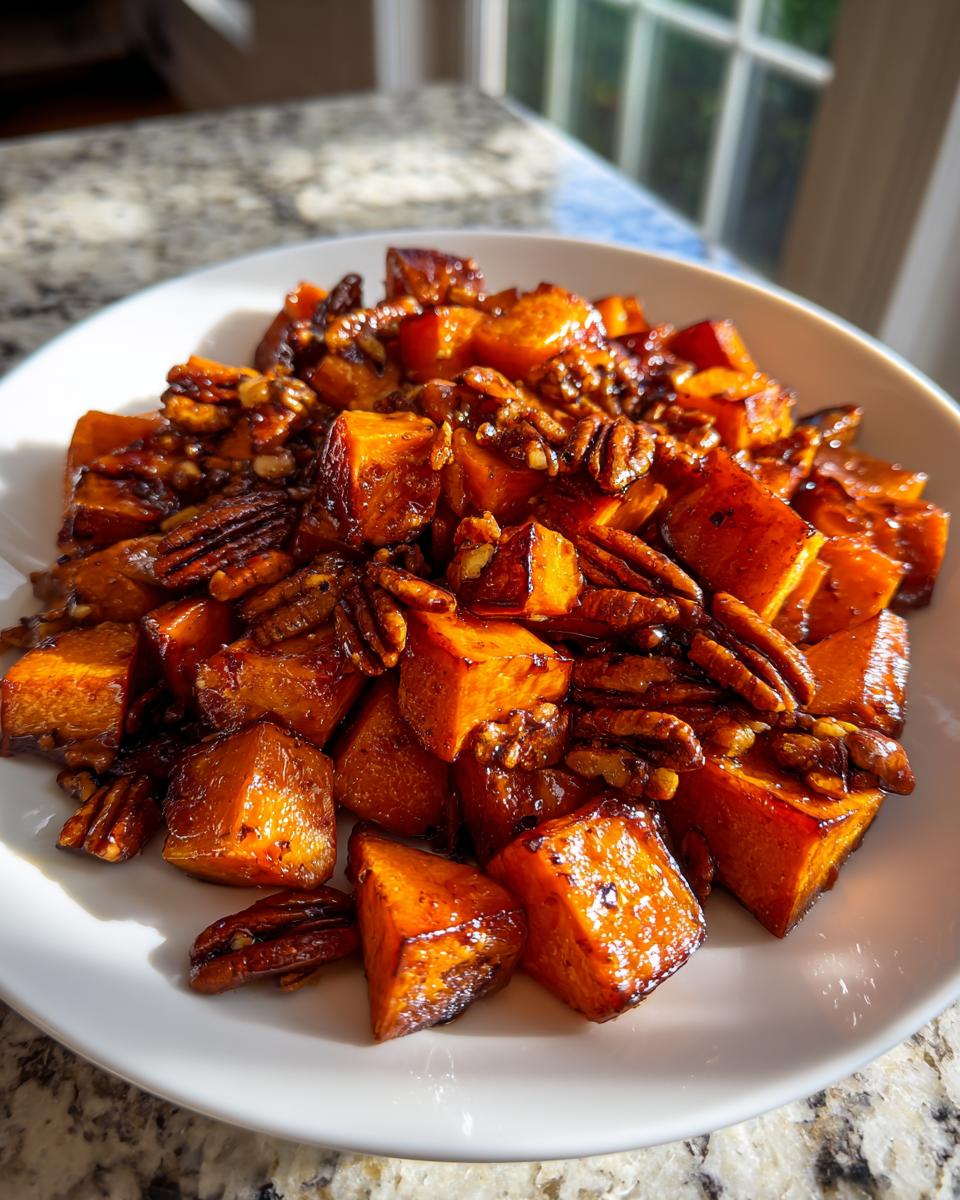 Close-up of glazed, cubed sweet potatoes mixed with whole pecans, served on a white plate.