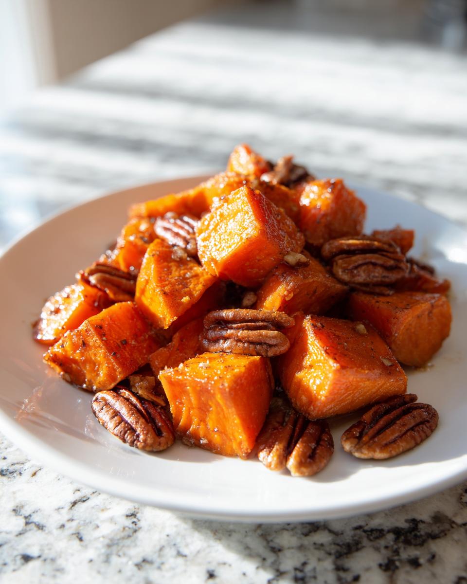 Close-up of glazed, cubed sweet potatoes topped with whole pecans served on a white plate.