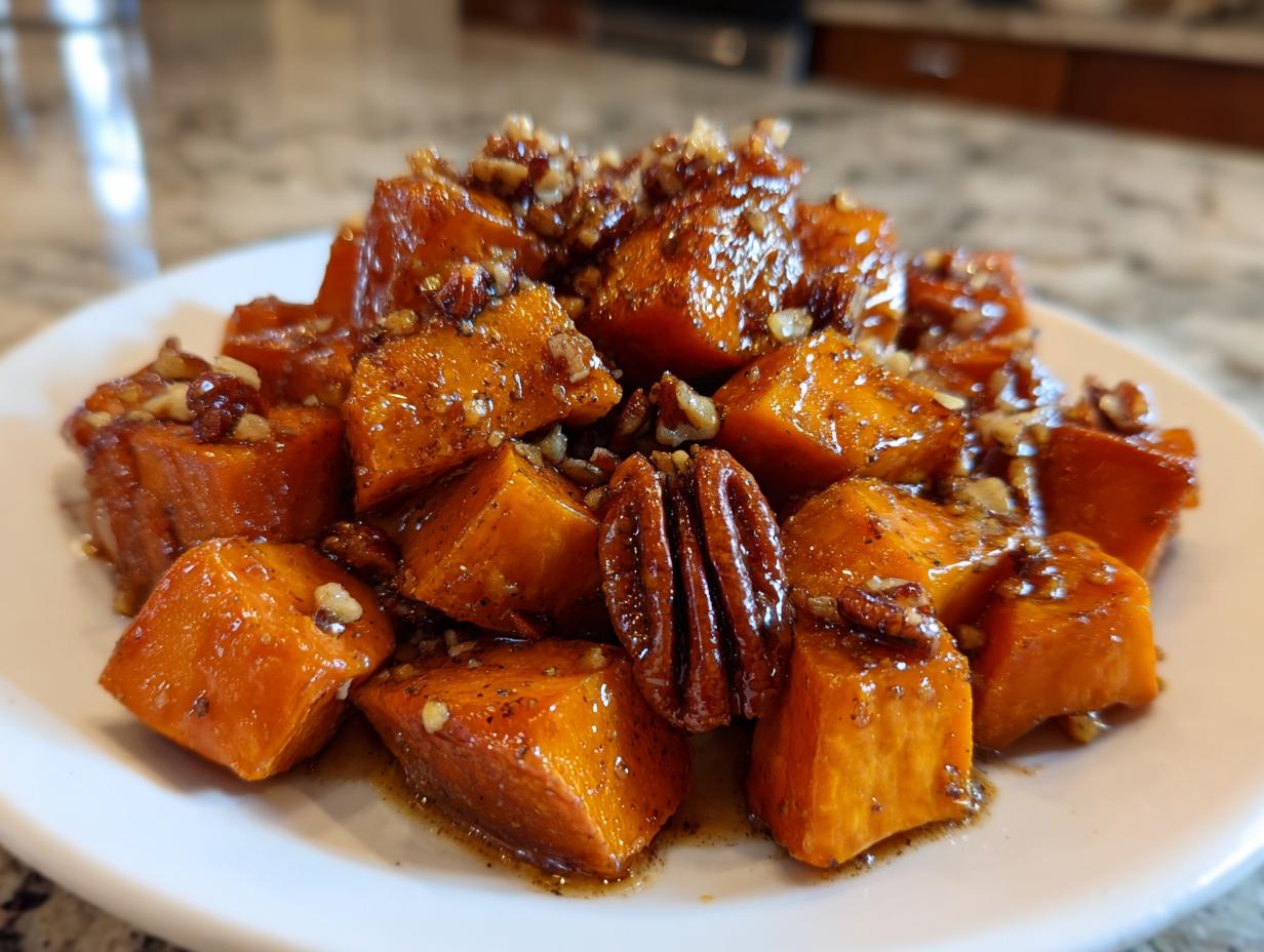 Close-up of glazed sweet potatoes cubes topped with chopped pecans, ready to serve as a side dish.