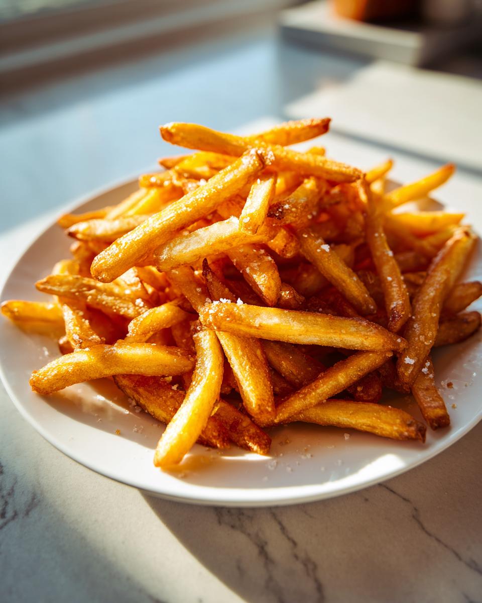 A close-up of a mound of perfectly golden, crispy air fryer french fries sprinkled with sea salt on a white plate.