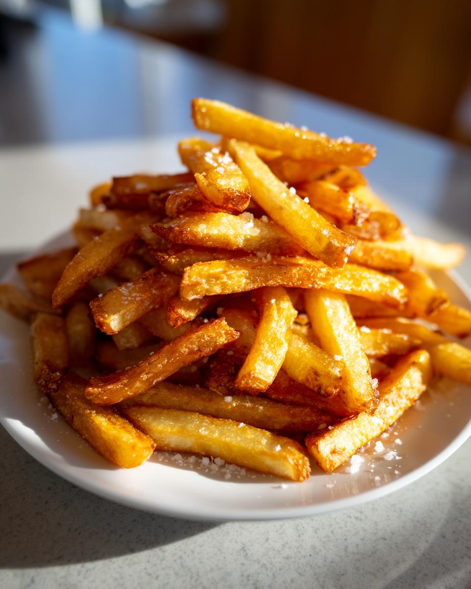 A tall pile of golden brown, crispy air fryer french fries sprinkled with salt on a white plate.