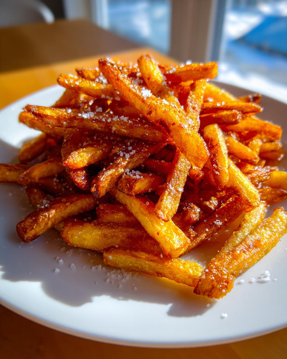 Close-up of perfectly cooked, golden brown air fryer french fries sprinkled with coarse sea salt.