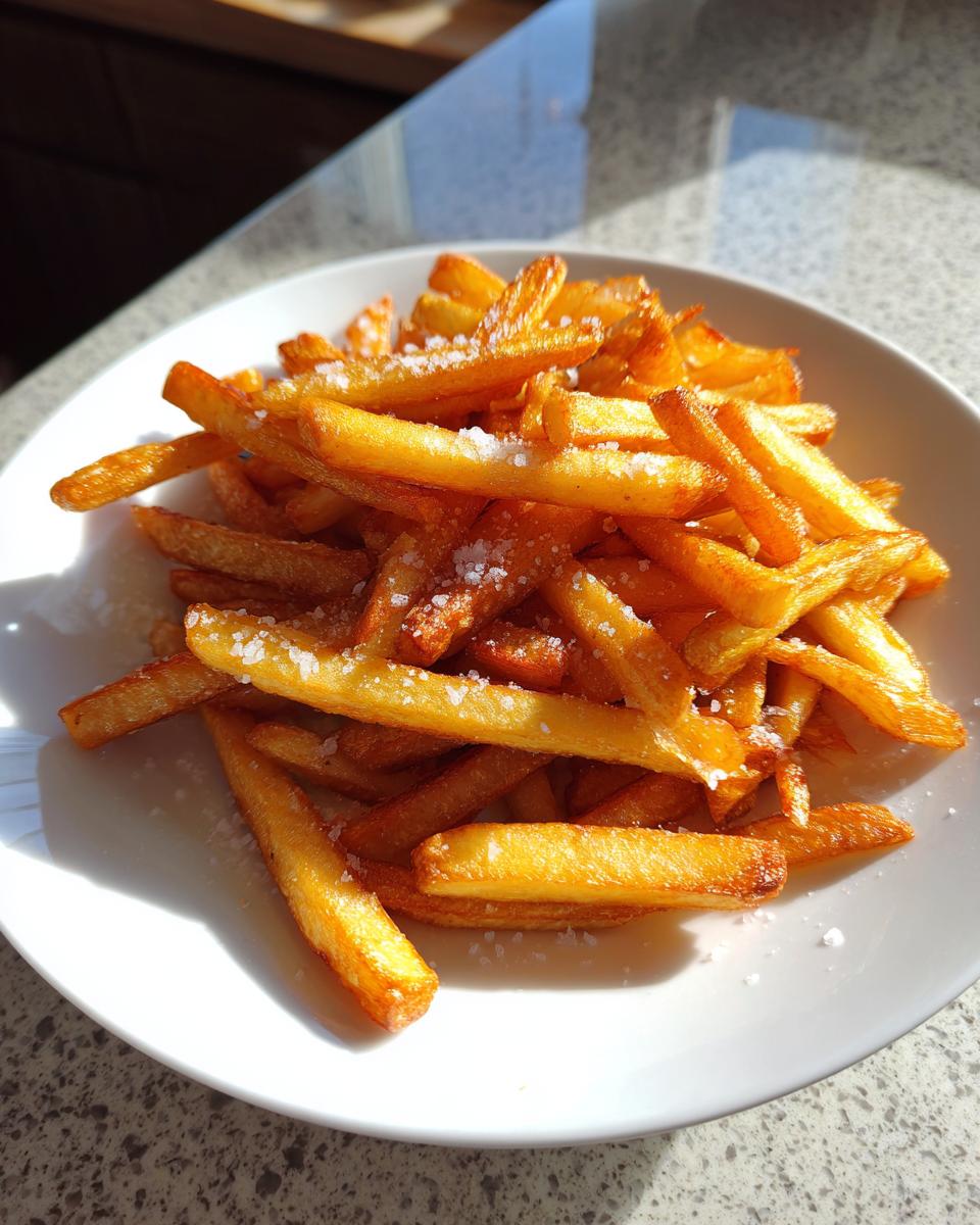 A close-up of perfectly golden air fryer french fries seasoned generously with coarse sea salt on a white plate.