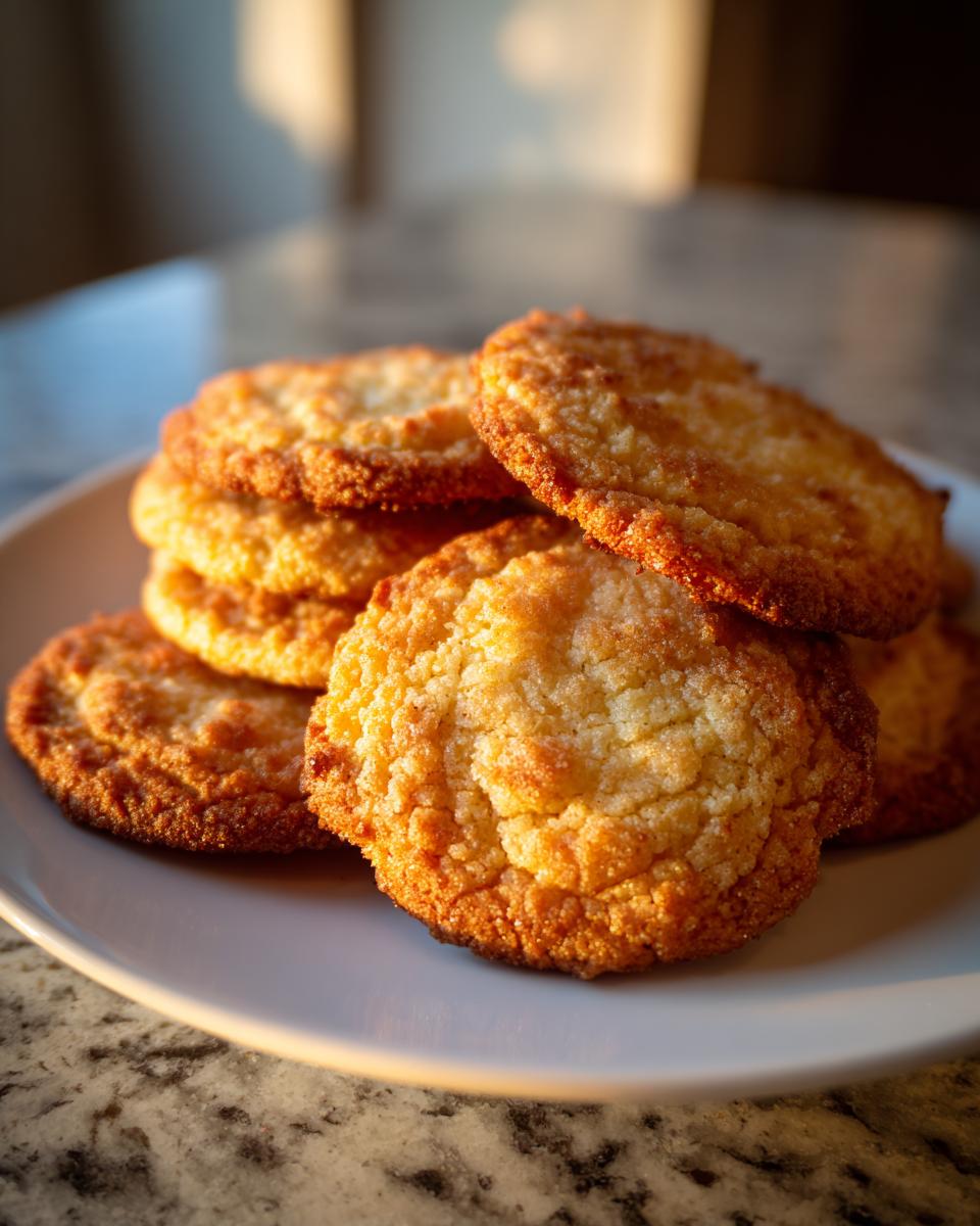 A stack of golden brown, slightly textured butter cookie treats piled on a white plate.