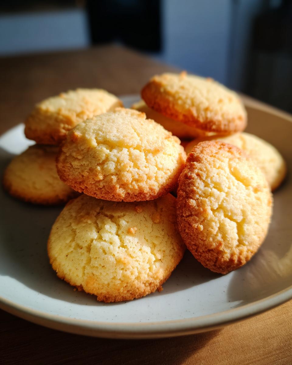 A small stack of golden-brown, textured butter cookie treats piled on a light blue plate.