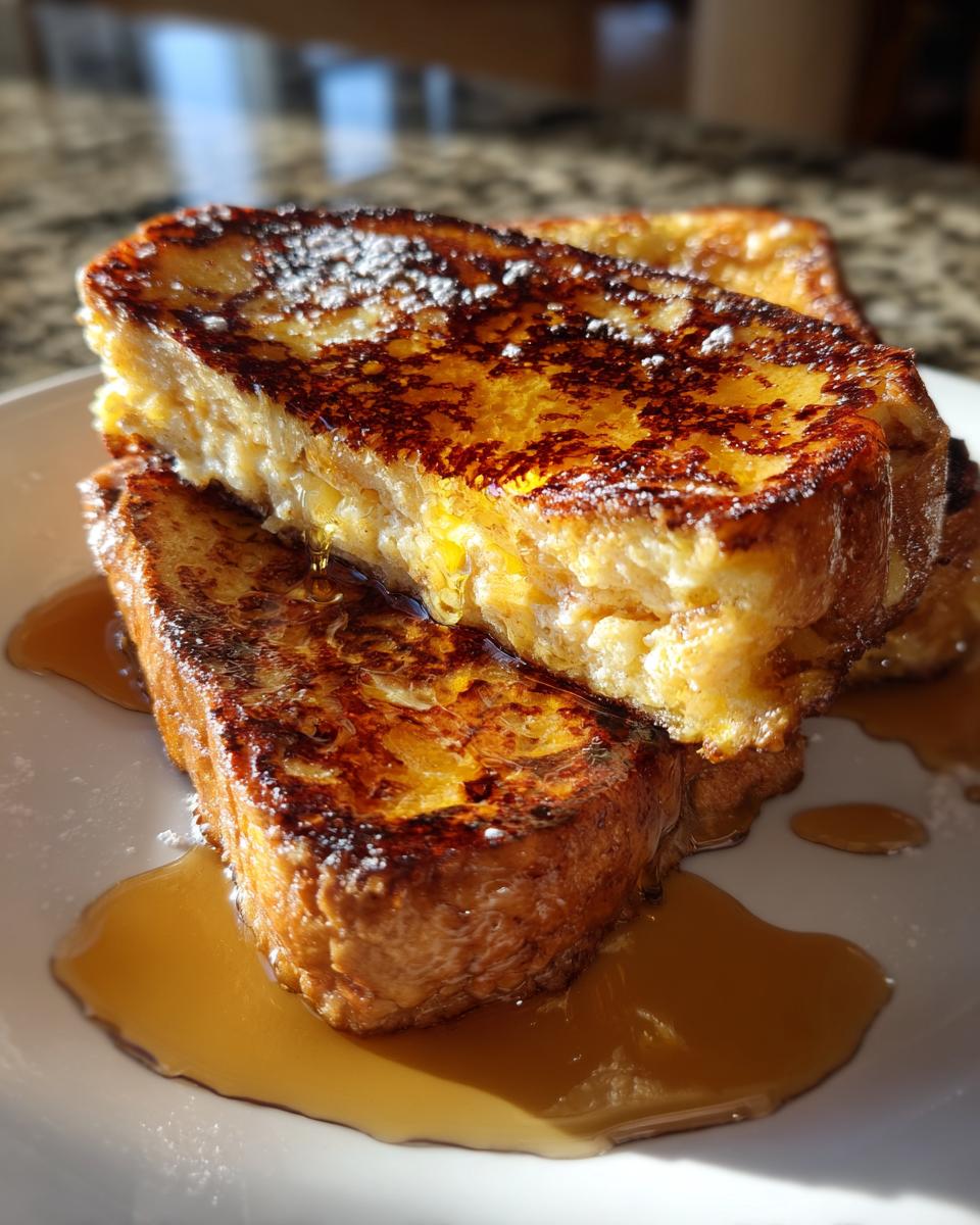 Close-up of thick-cut french toast stacked, drizzled with syrup and dusted with powdered sugar.