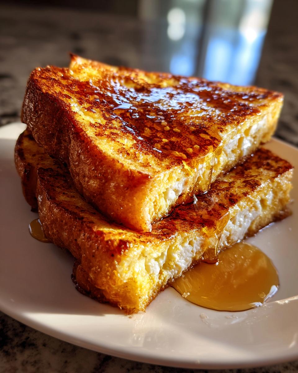 Close-up of thick, golden brown french toast slices stacked and generously drizzled with maple syrup.