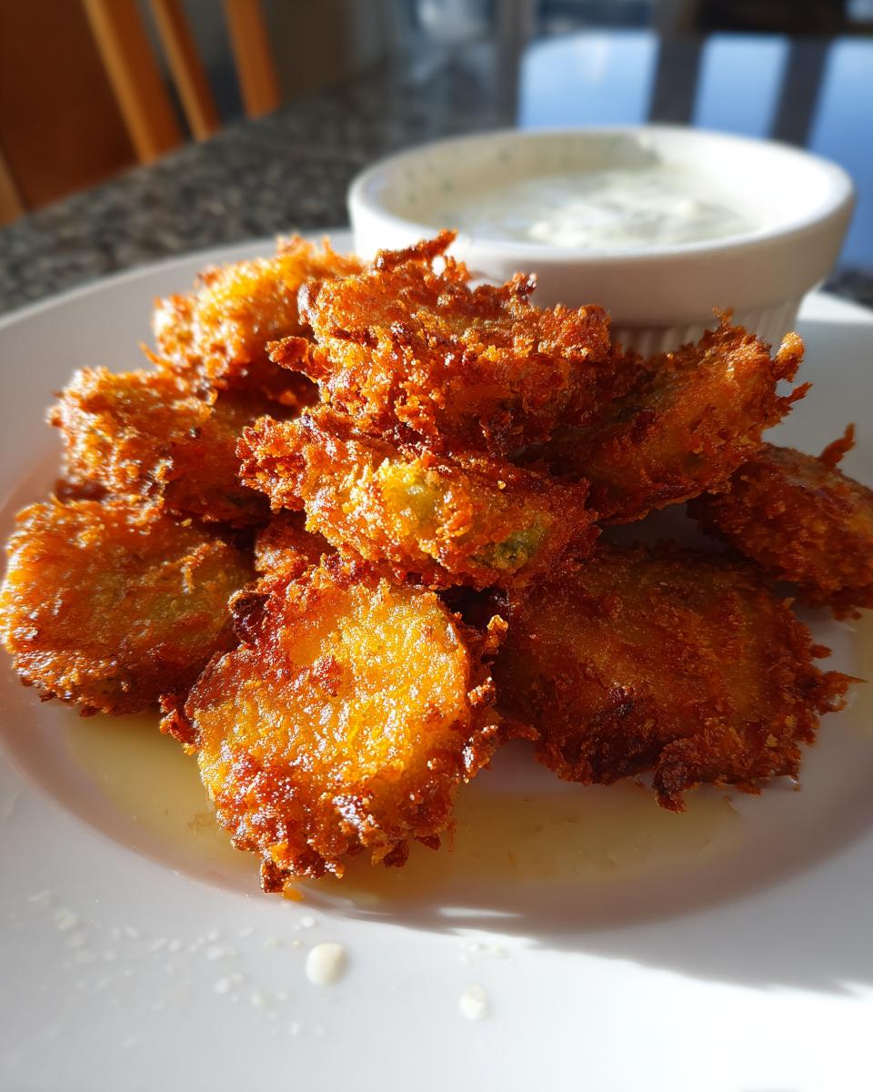 A pile of crispy, golden brown Fried Pickles served on a white plate next to a small bowl of white dipping sauce.