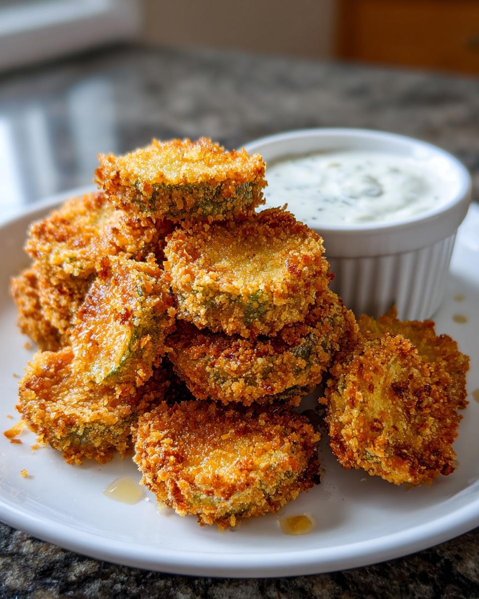 A pile of crispy, golden brown Fried Pickles served on a white plate next to a small ramekin of creamy dipping sauce.