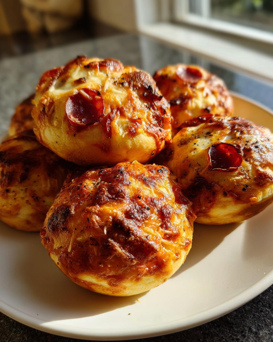 A close-up of several golden brown, cheesy pepperoni pizza bites stacked on a light-colored plate.