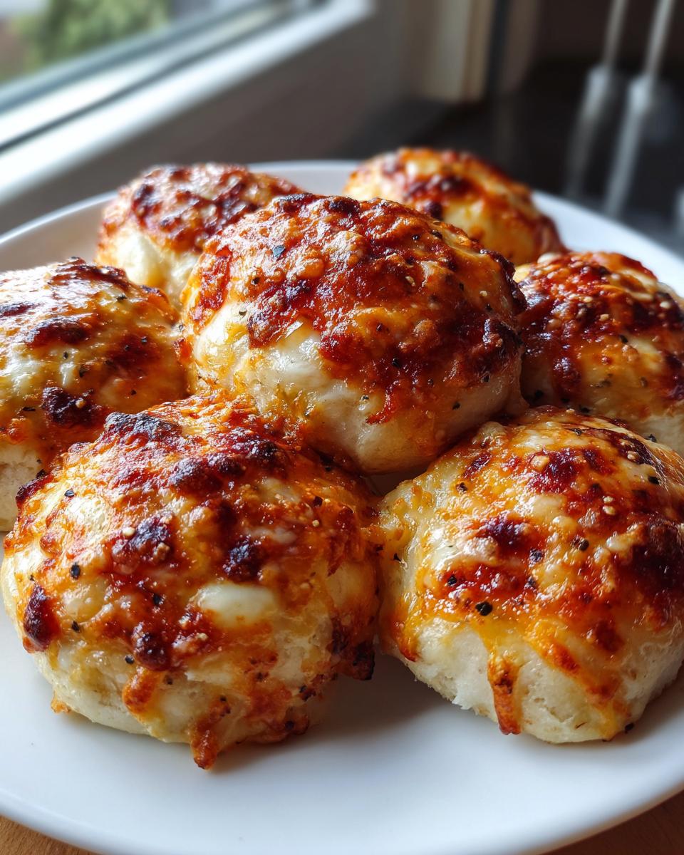 Close-up of several golden brown, cheesy pizza bites piled on a white plate, ready to eat.