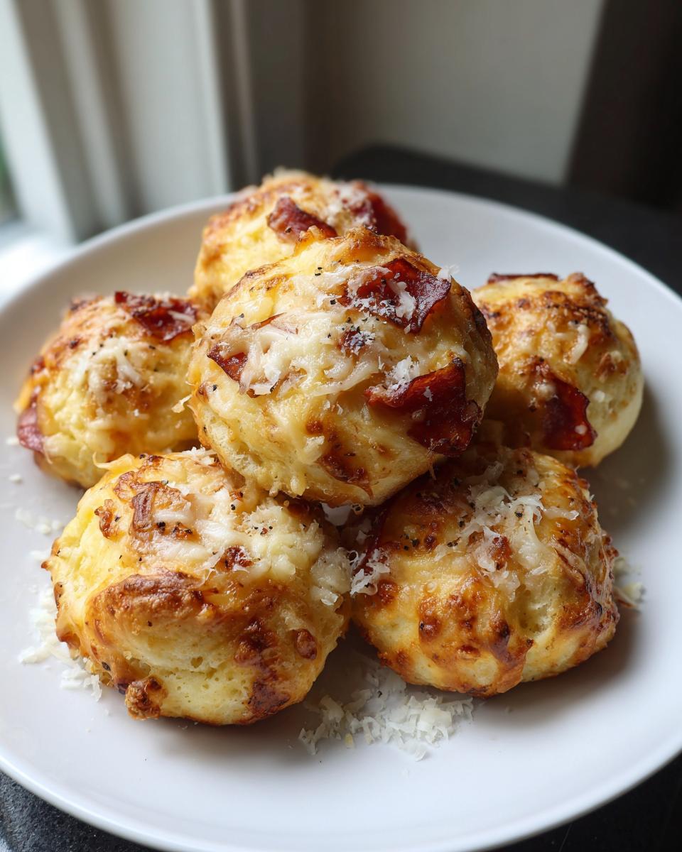 A stack of golden brown, cheesy pizza bites topped with pepperoni and grated Parmesan cheese.