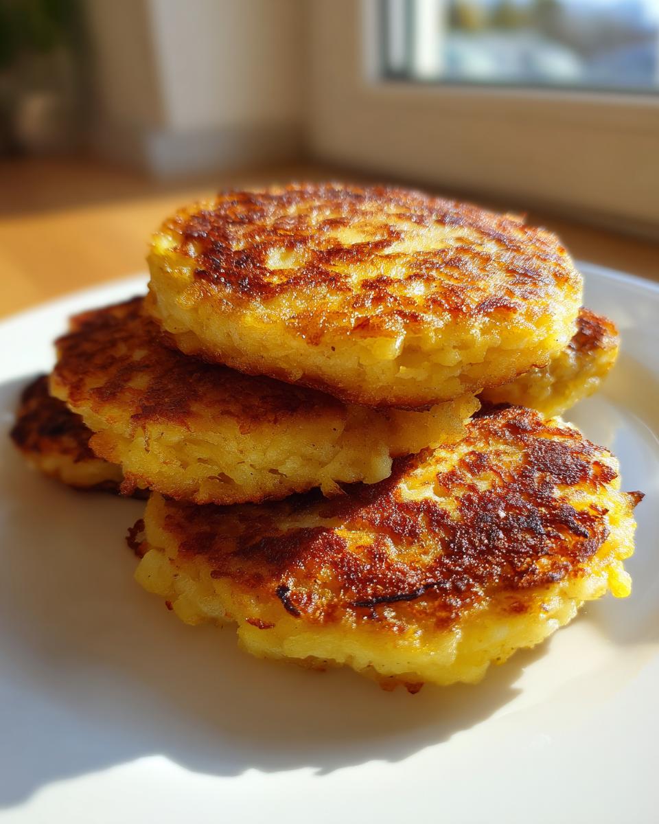 A stack of four perfectly golden brown, crispy potato pancakes resting on a white plate.